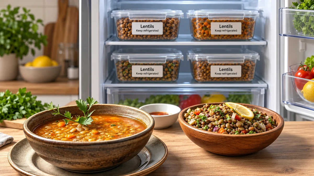 Lentil soup and salad beside sealed containers labelled for refrigeration