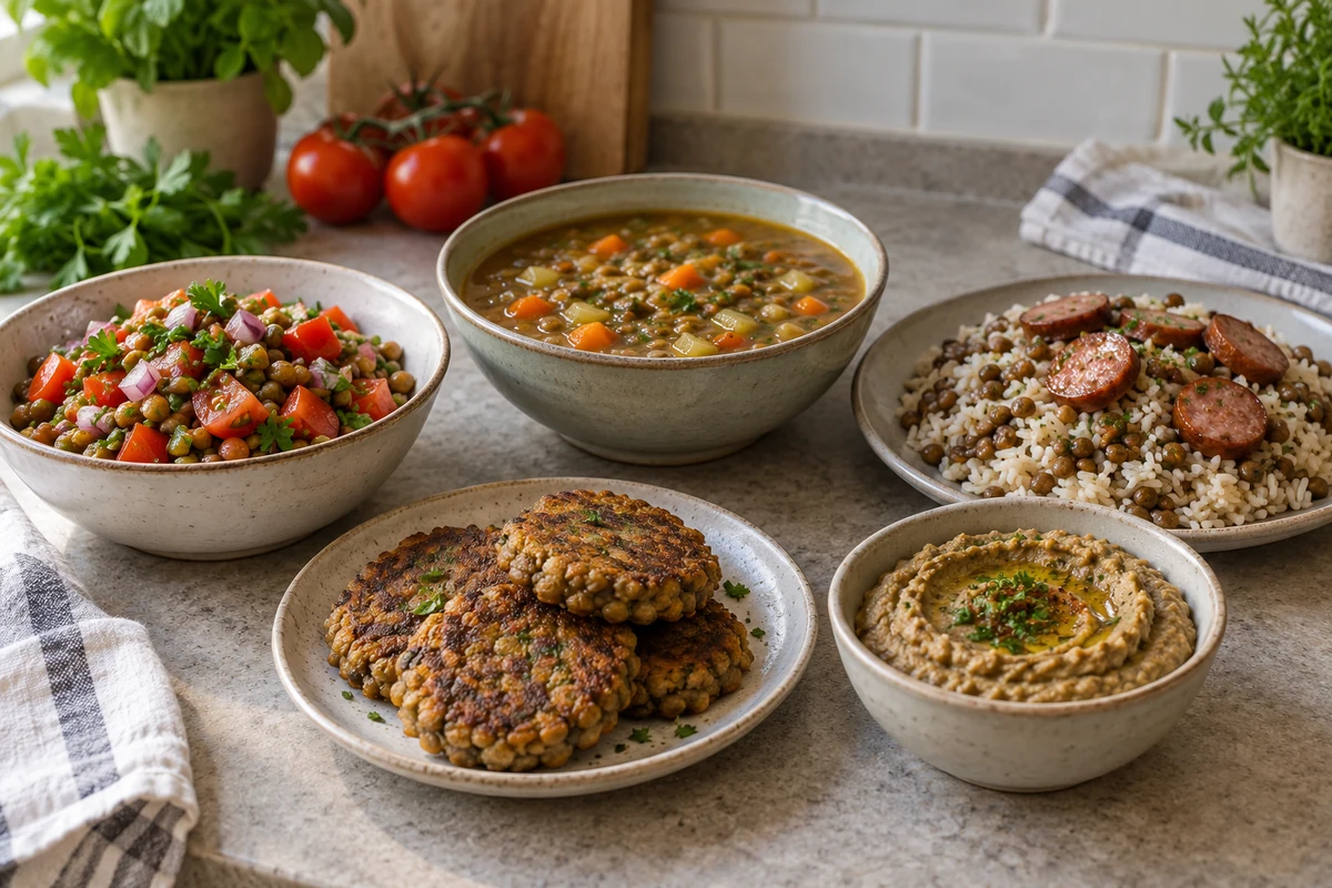Lentil soup, salad, patties and rice