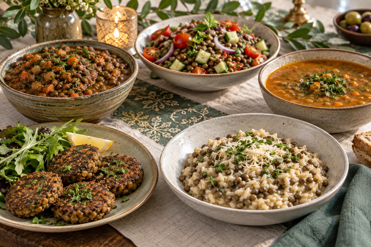 Lentil stew, salad, soup, patties and risotto