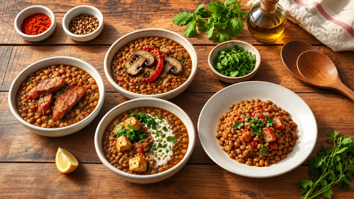 Lentil stew variations with vegetables and sausage