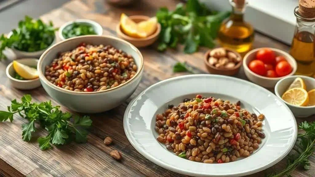Lentils and colourful vegetables for a balanced meal Lentils and colourful vegetables for a balanced meal