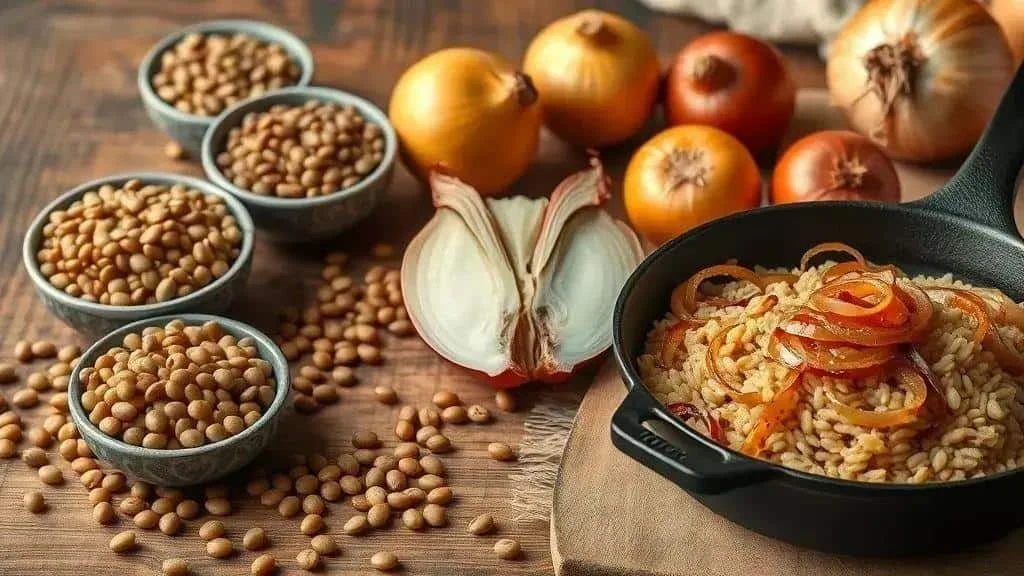 Lentils and onions on a kitchen worktop