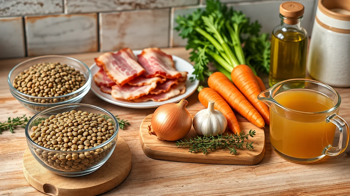 Lentils, bacon, carrots, celery, onion, garlic and stock arranged for cooking