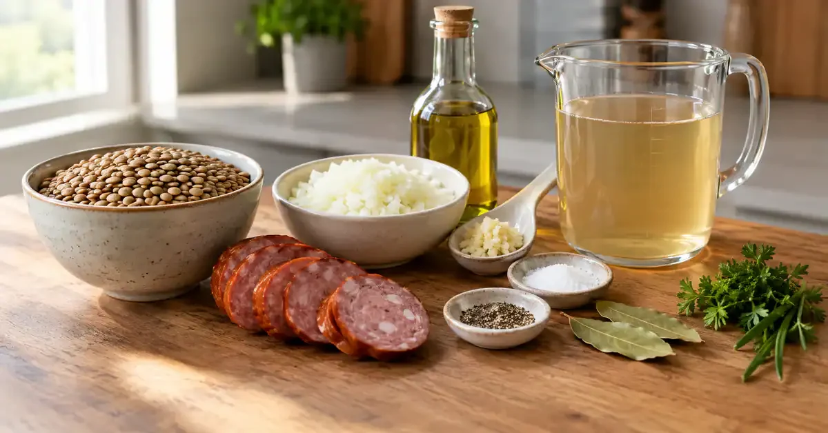 Lentils, calabresa sausage, onion and stock Lentils, calabresa sausage, onion and stock