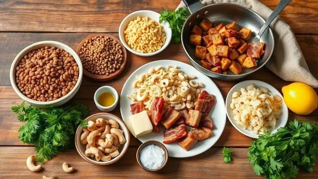 Lentils, cassava flour, bacon, nuts and seasonings for farofa