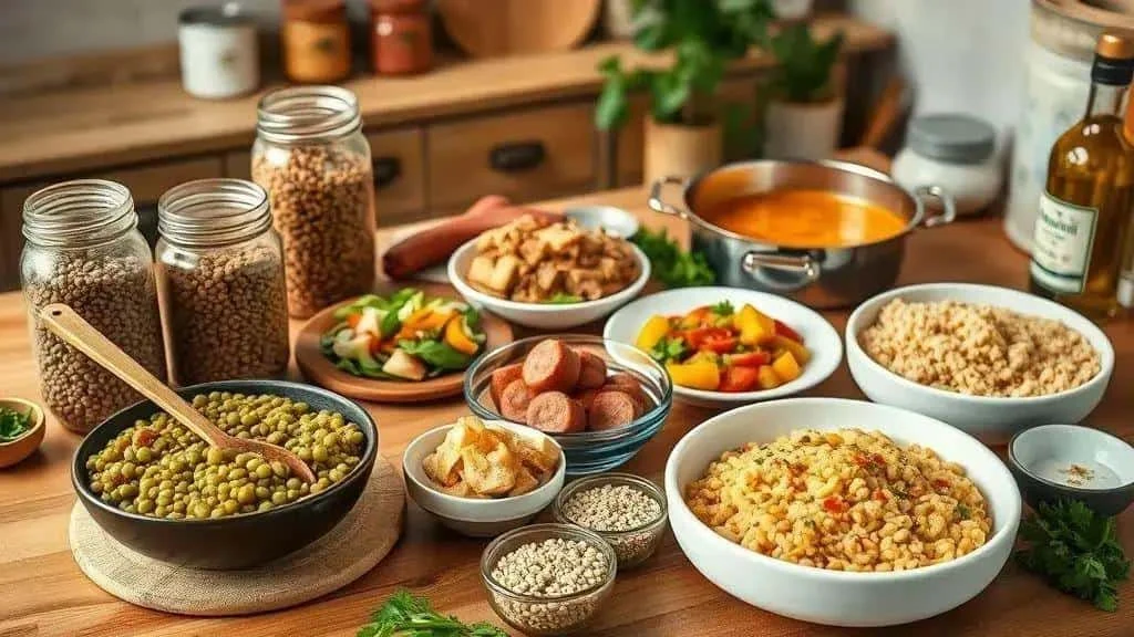 Lentils, rice, vegetables and sausage ingredients