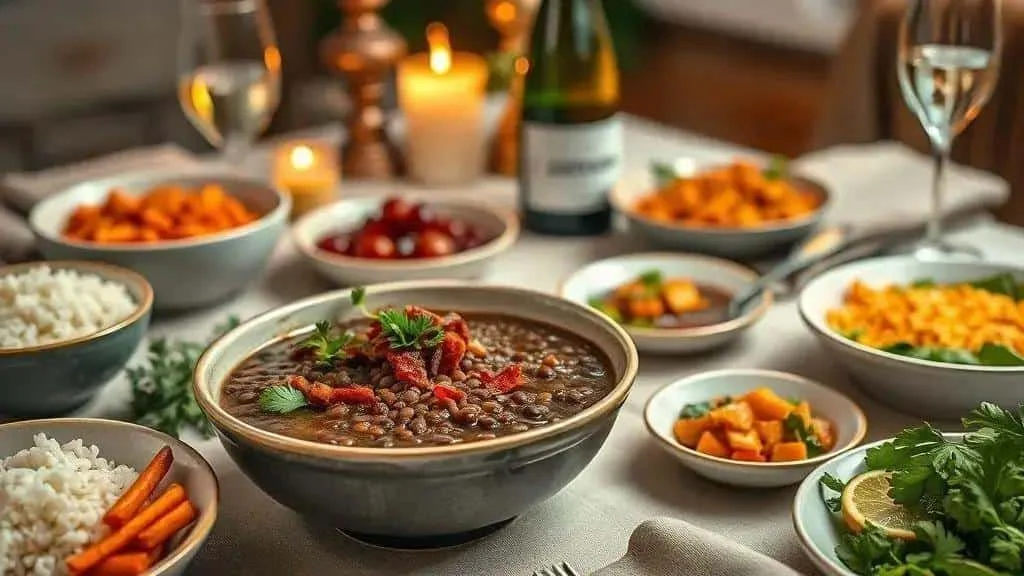 Lentils served with rice and vegetables at a festive table