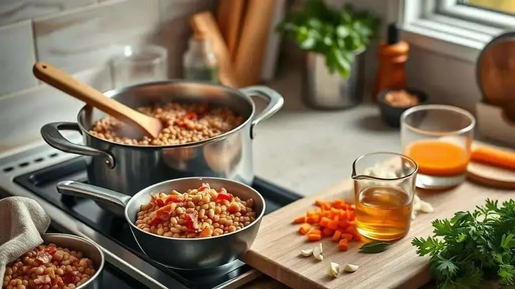 Lentils simmering in saucepans with vegetables on the kitchen counter