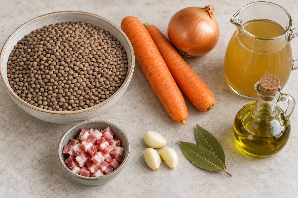 Lentils vegetables and herbs prepared for cooking