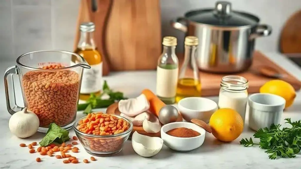 Lentils, vegetables, lemon and seasonings beside a saucepan for soup