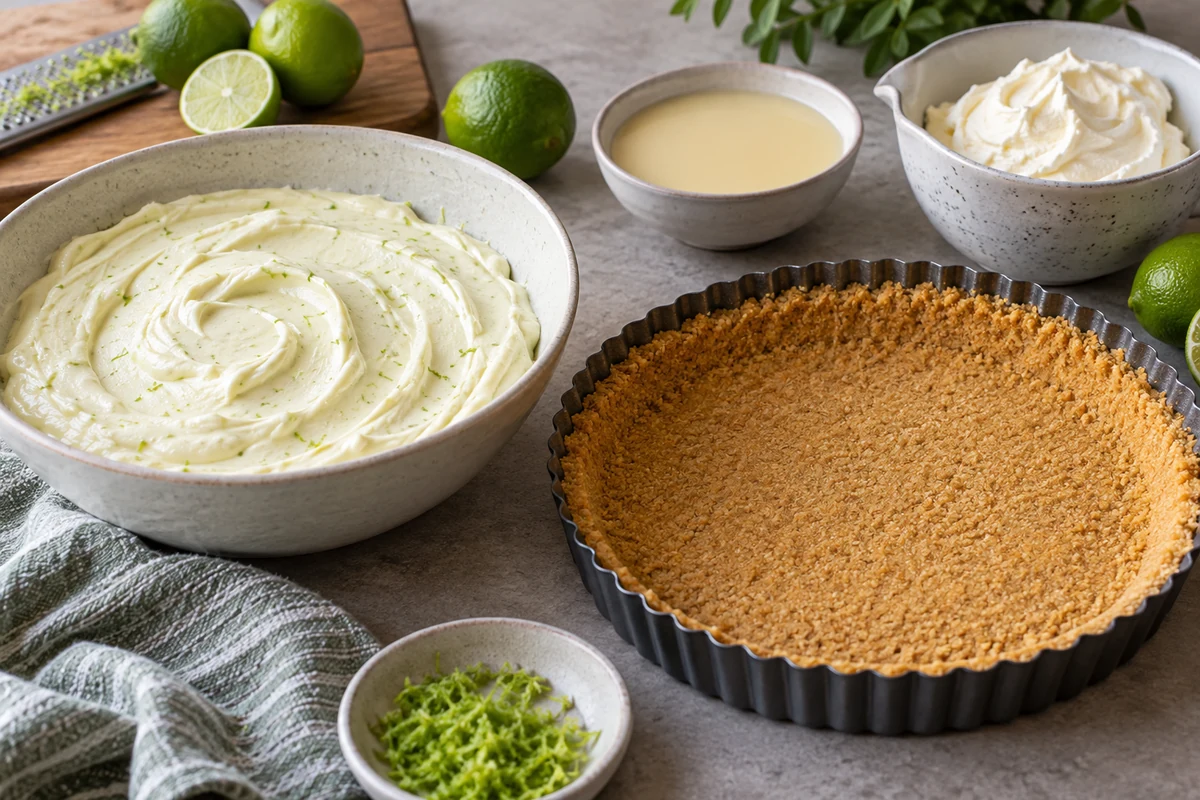 Lime cream beside a prepared crumb tart base Lime cream beside a prepared crumb tart base