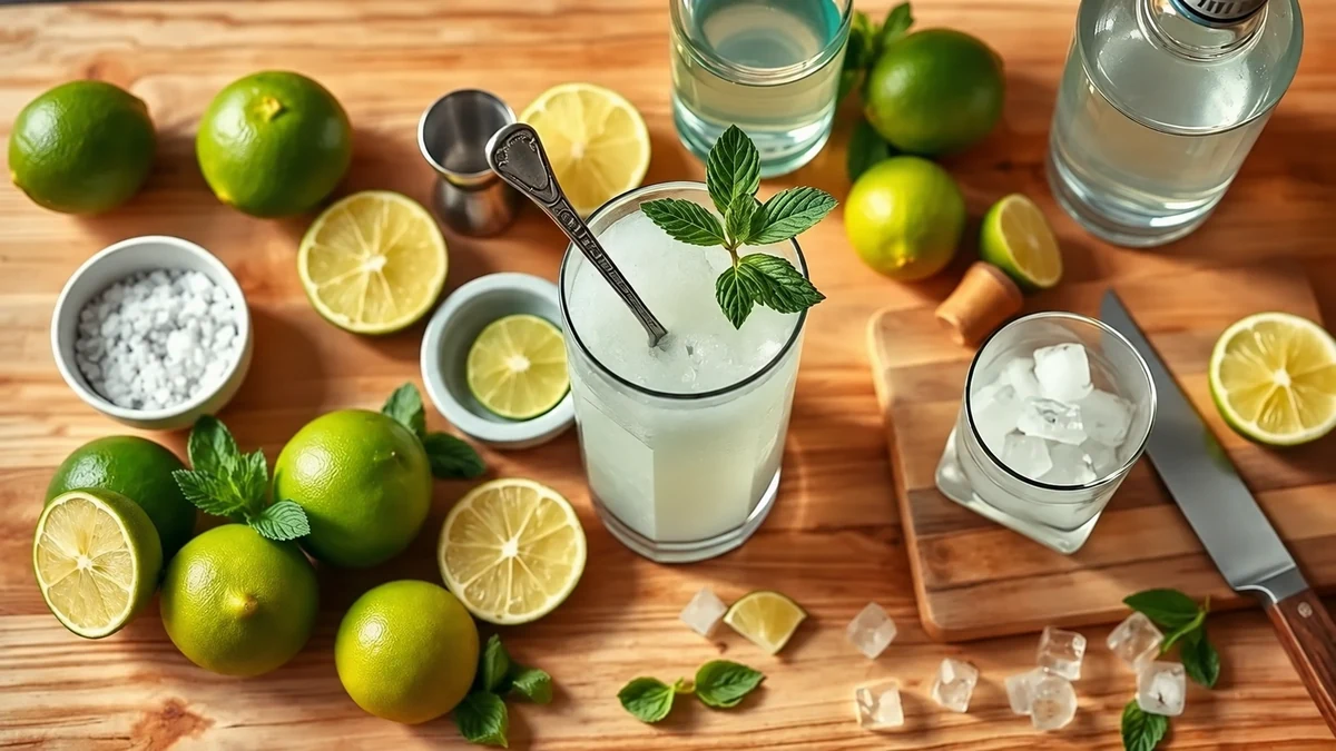 Lime drink with ice, mint and cocktail ingredients