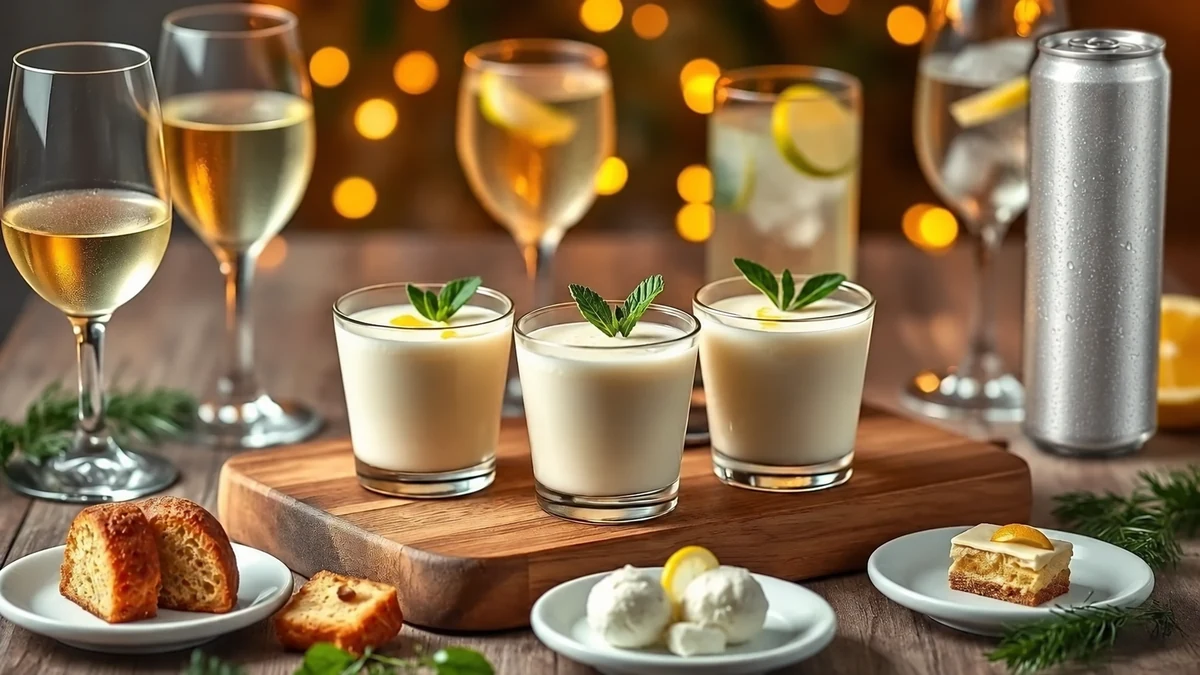 Lime mousse served with festive drinks and small desserts