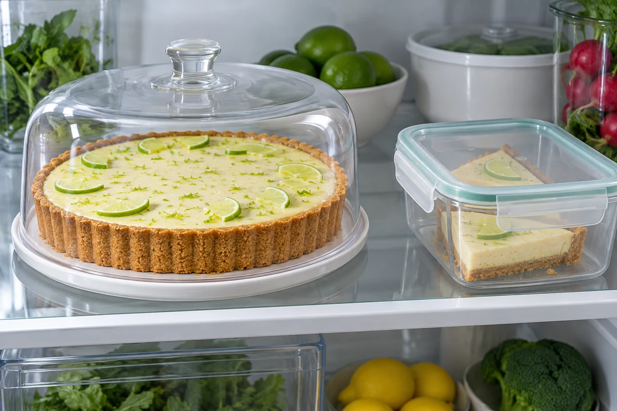 Lime tart and slices covered on a refrigerator shelf Lime tart and slices covered on a refrigerator shelf