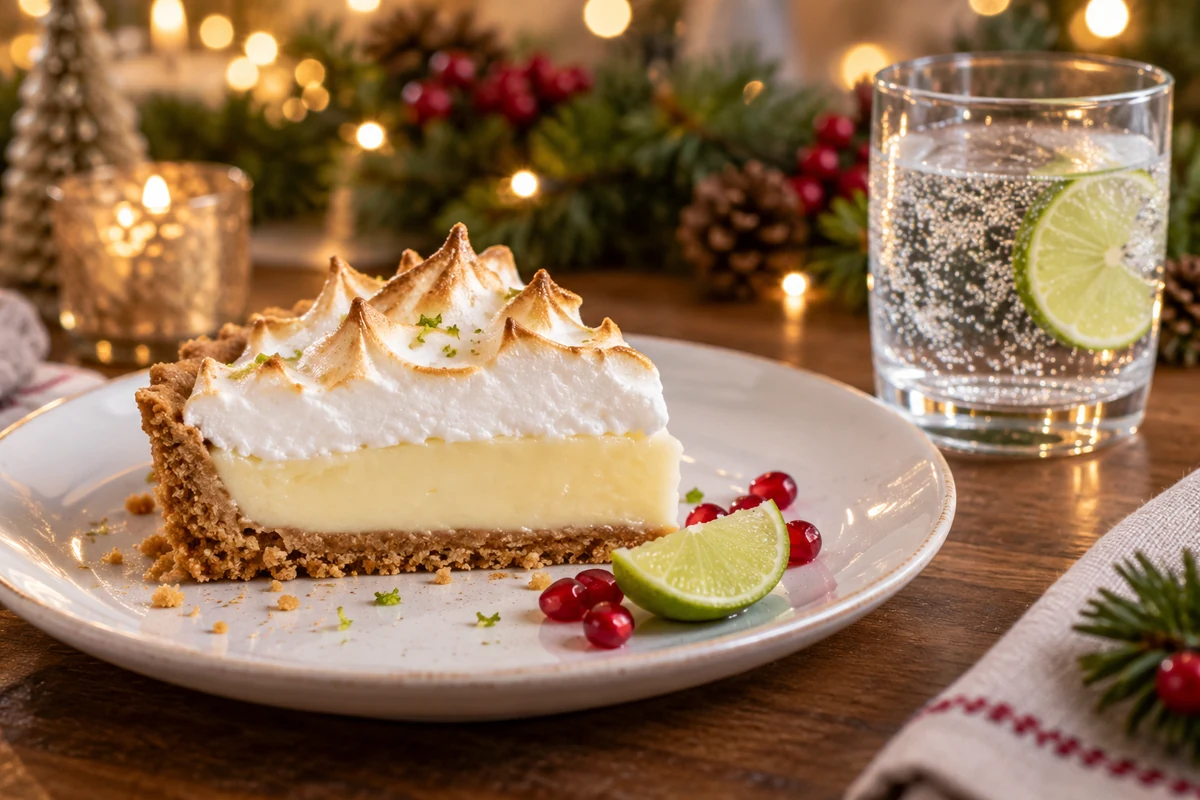 Lime tart slice served beside sparkling water