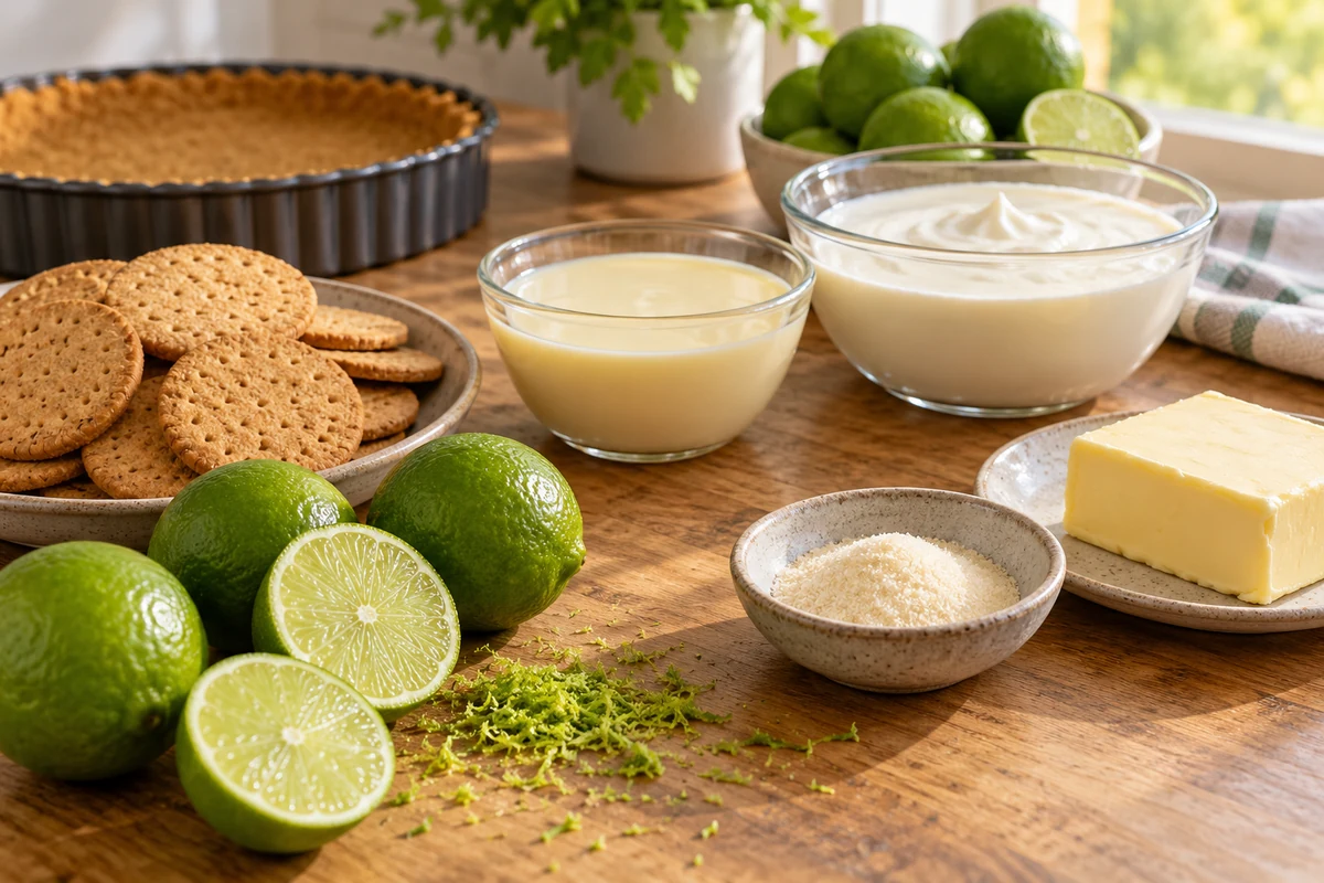 Limes and ingredients for a biscuit-base mousse tart Limes and ingredients for a biscuit-base mousse tart