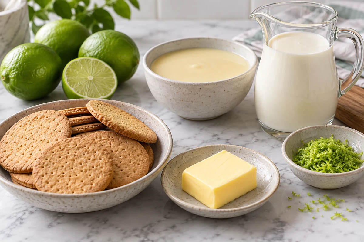 Limes biscuits butter condensed milk and cream for a lime tart Limes biscuits butter condensed milk and cream for a lime tart