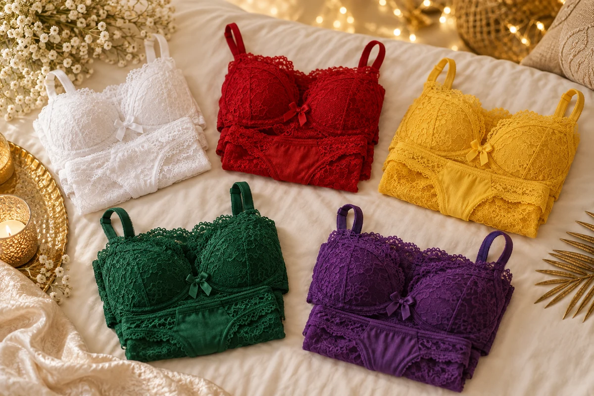 Lingerie in five colours arranged on a cream bedcover