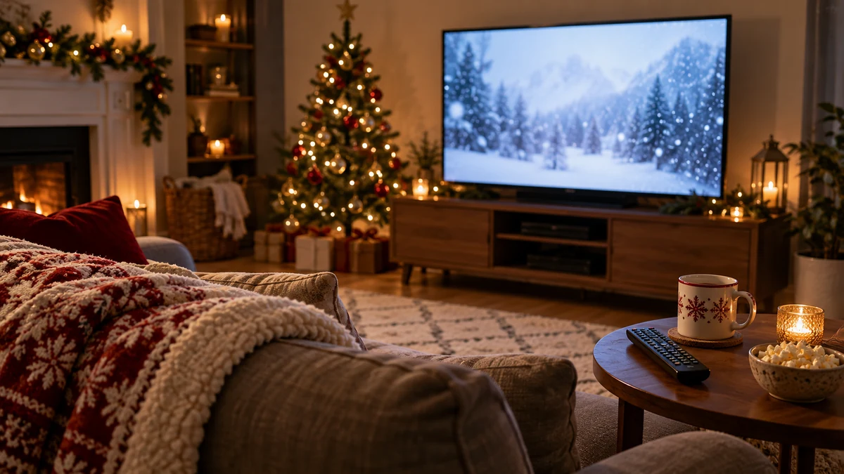 Living room ready for a Christmas film night