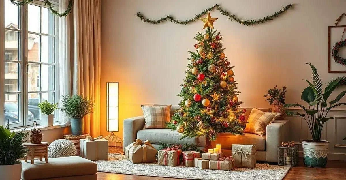 Living room with a Christmas tree and reusable decorations