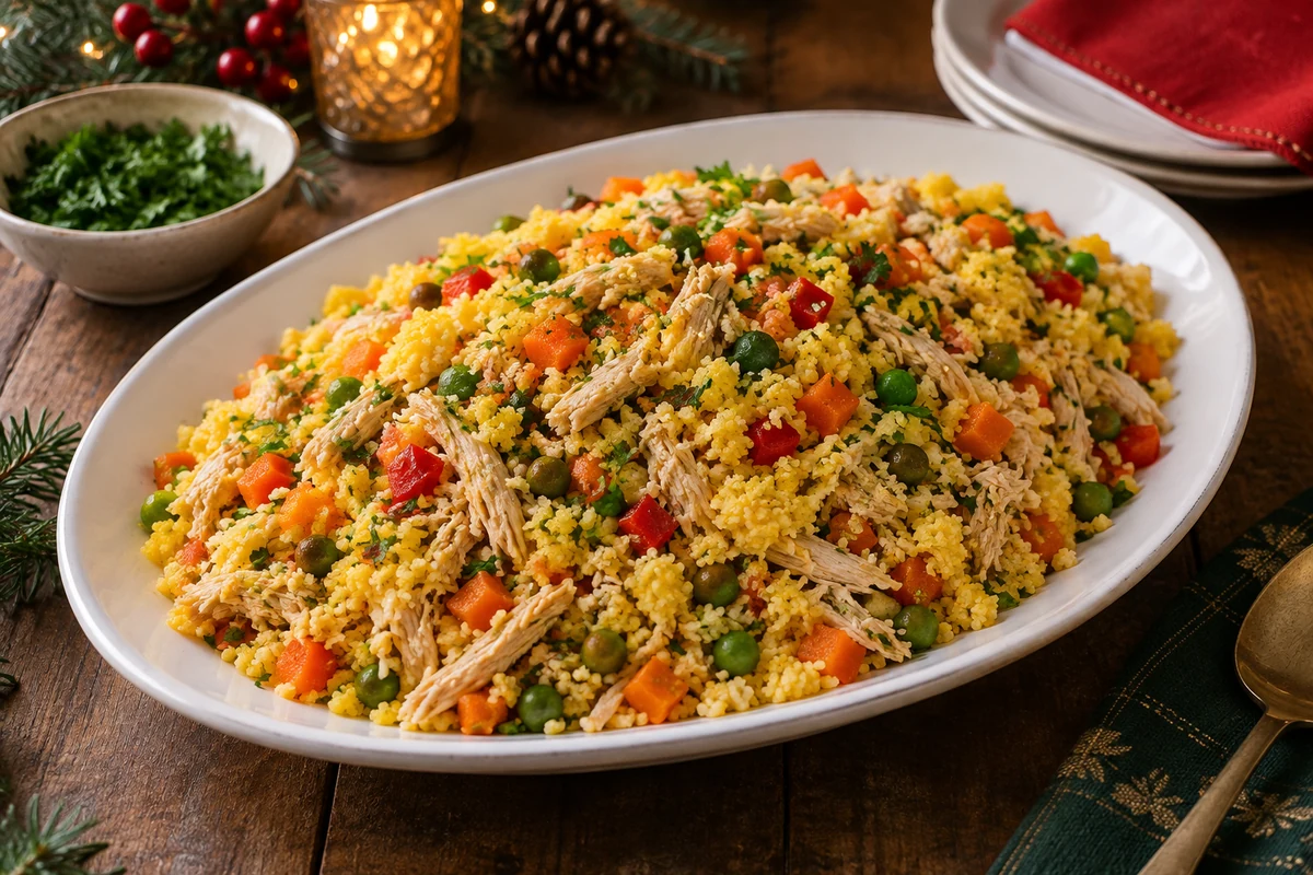 Loose steamed Brazilian yellow maize cuscuz with cooked shredded chicken, carrot, peas and red pepper on a white platter