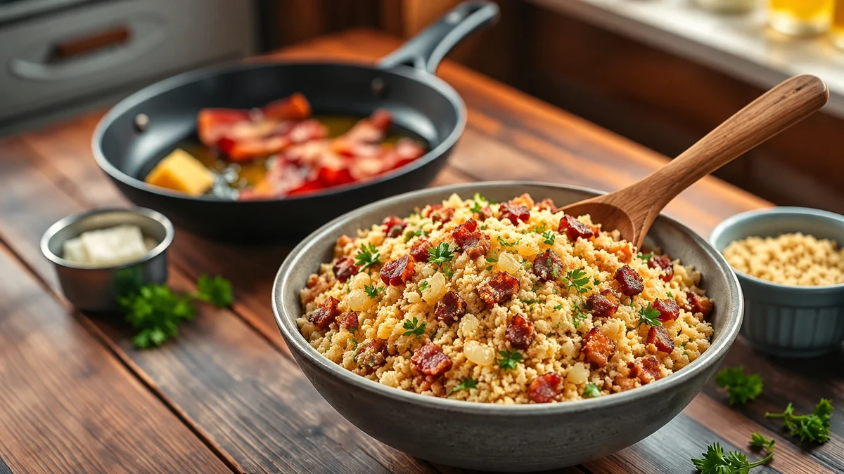 Loose toasted cassava farofa with crispy bacon