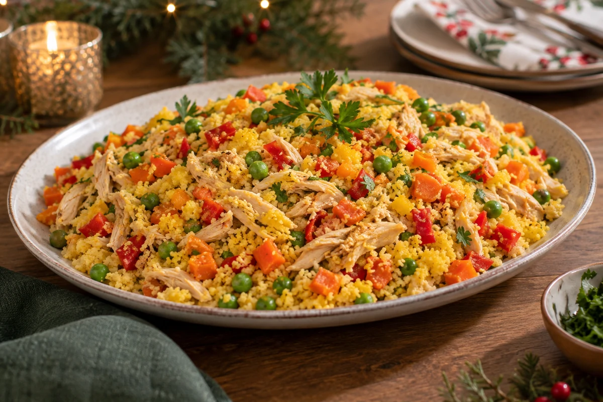 Loose yellow Brazilian corn cuscuz mixed with shredded chicken, carrots, peas and red pepper on a wide platter Loose yellow Brazilian corn cuscuz mixed with shredded chicken, carrots, peas and red pepper on a wide platter