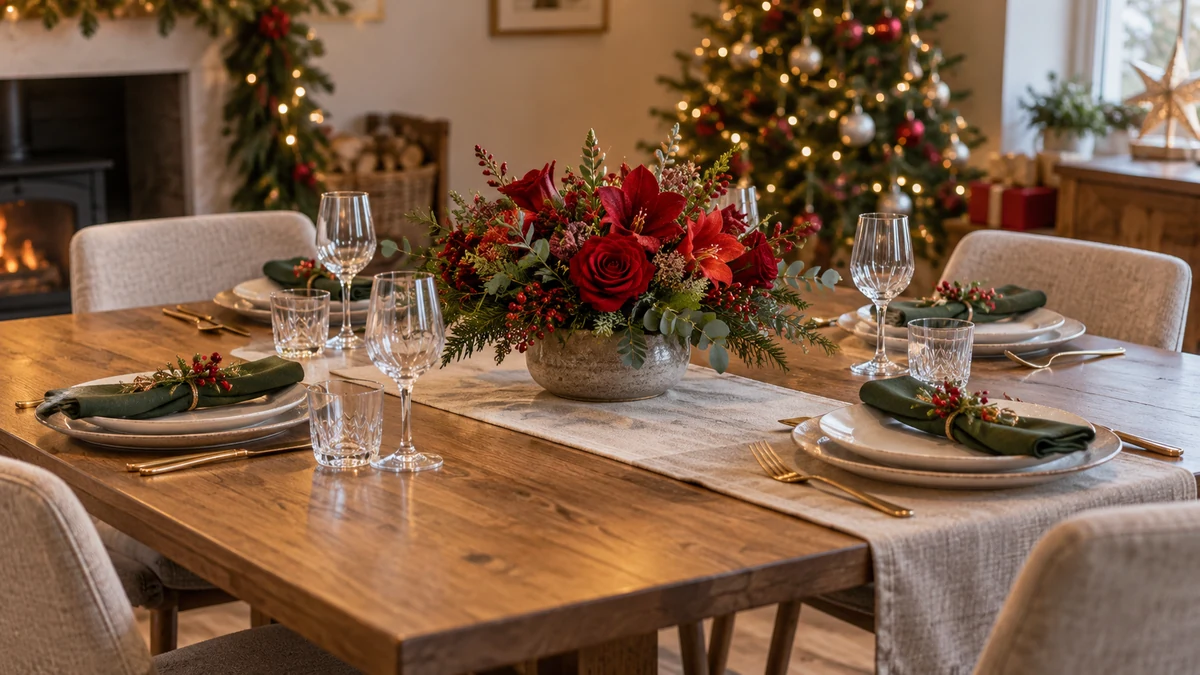 Low red floral arrangement on a Christmas table