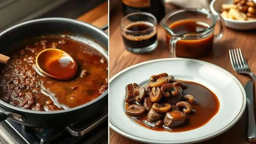 Madeira sauce in a pan beside plated beef and mushrooms