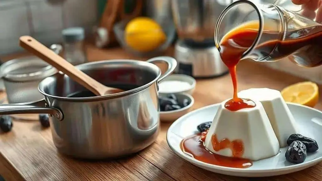 Making prune sauce for coconut pudding