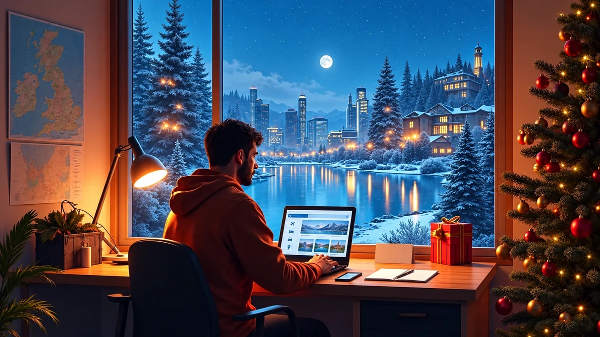 Man planning a trip beside a lakeside view