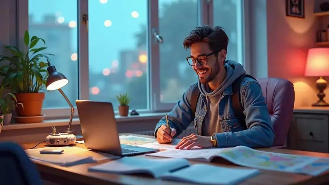 Man planning a trip with a map and laptop