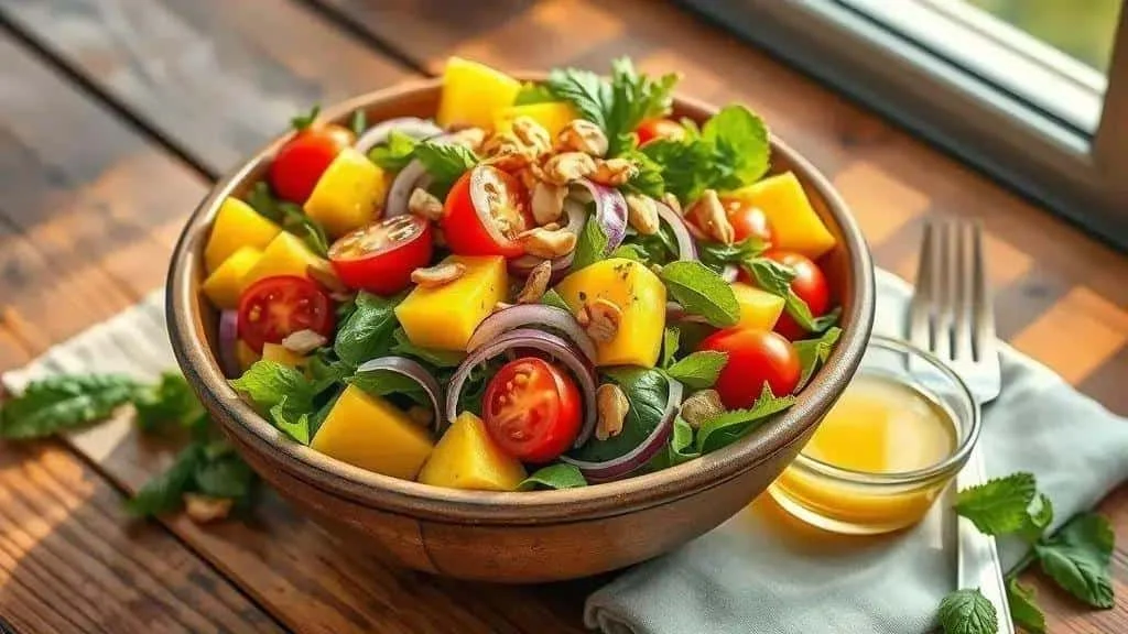 Mango and mixed leaf salad with cashews and red onion