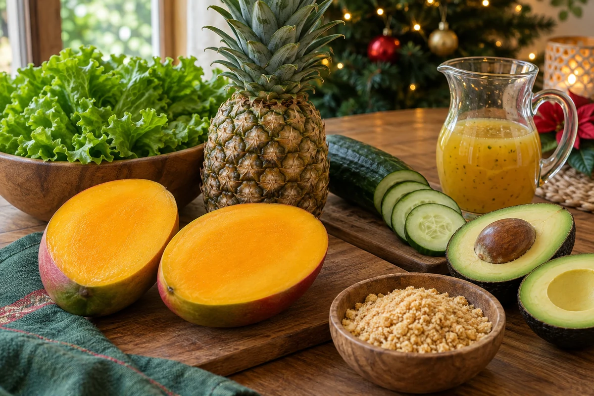 Mango cheeks, pineapple, lettuce, cucumber, avocado and citrus dressing