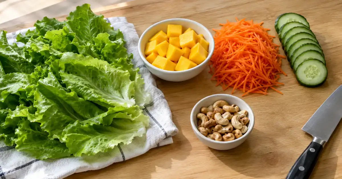 Mango, salad leaves, carrot, cucumber and cashews
