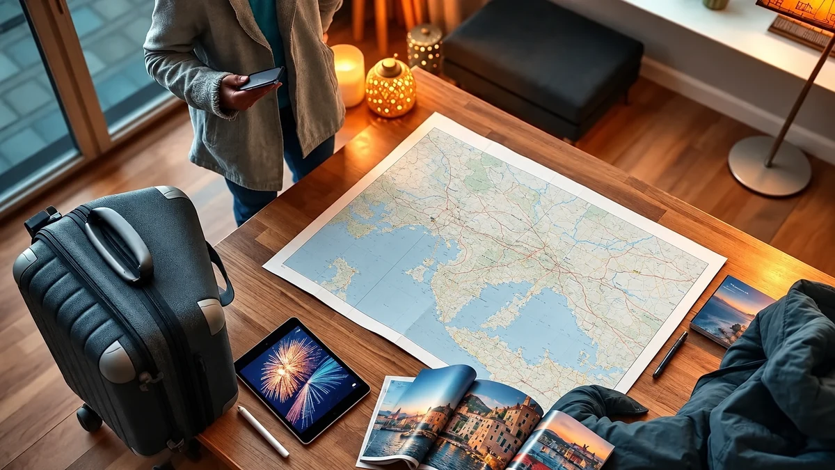 Map and luggage prepared for a New Year city break