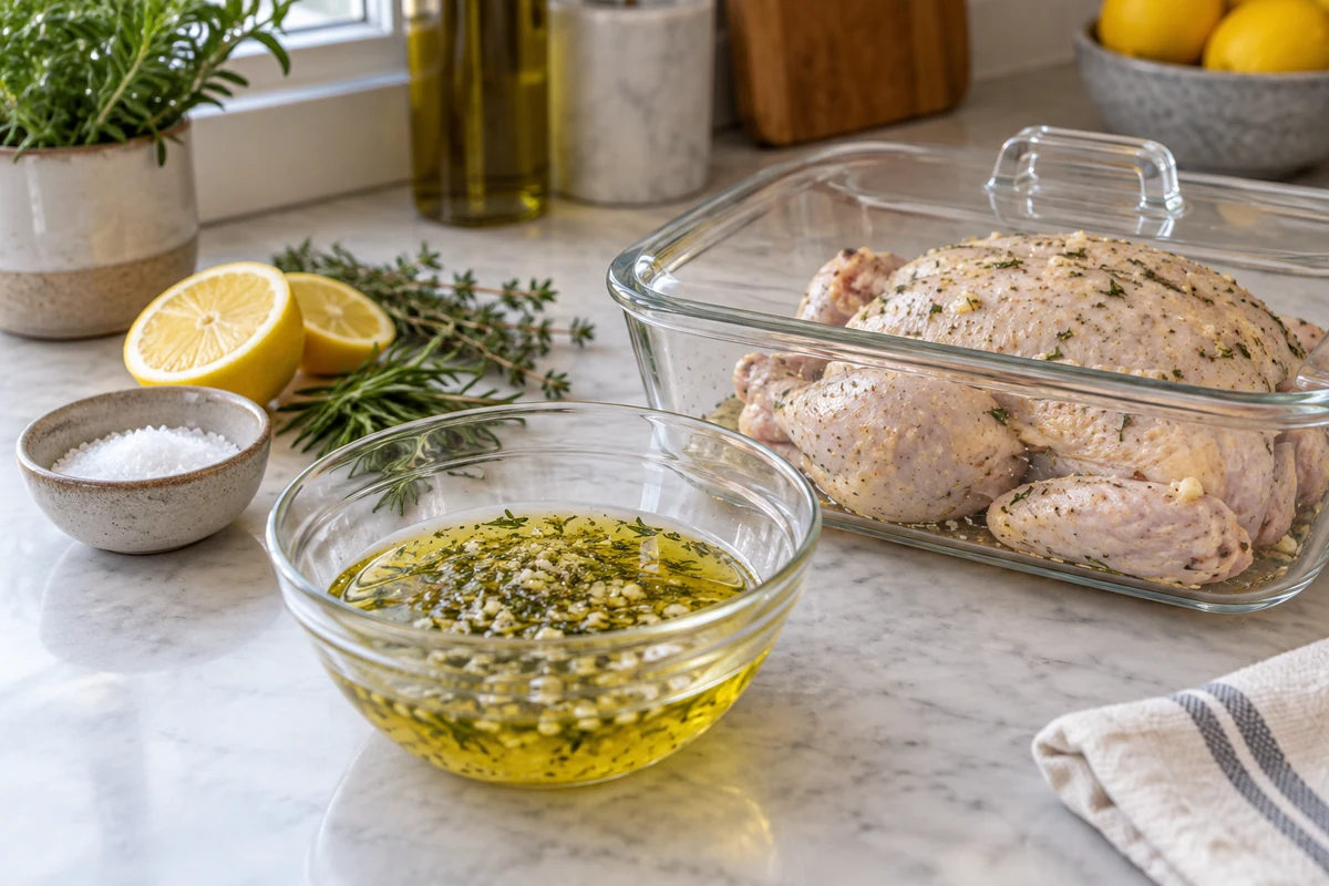 Marinade ingredients beside covered raw chicken Marinade ingredients beside covered raw chicken