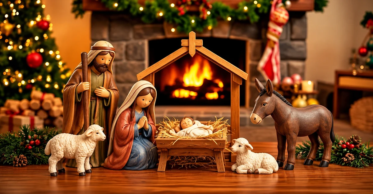 Mary Joseph infant Jesus and animal figures in a Nativity display