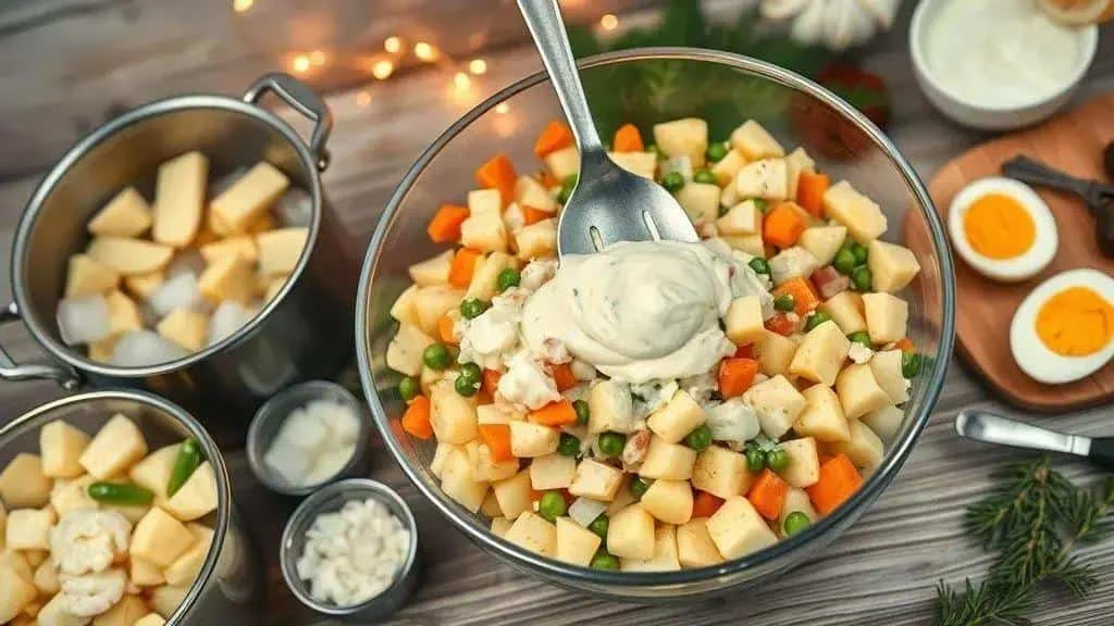 Mayonnaise dressing being folded into potato and vegetable salad