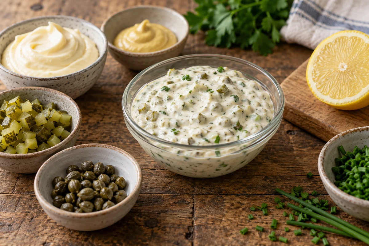Mayonnaise, gherkins, capers and herbs for homemade tartare sauce