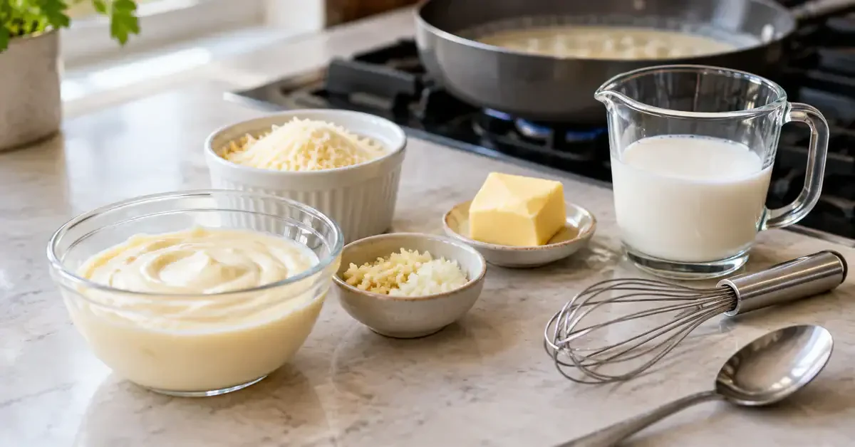 Mayonnaise, milk, butter and cheese for pasta sauce