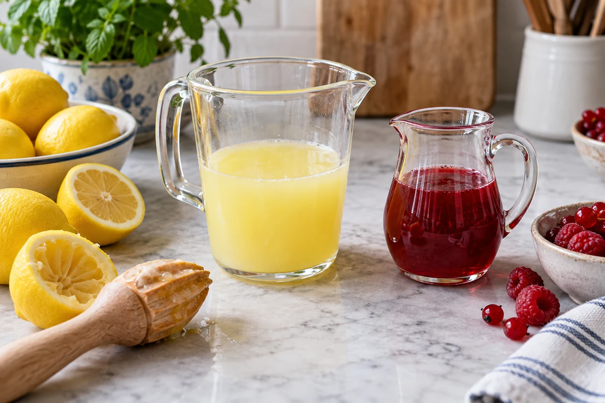 Measured lemon juice and red fruit syrup for pink lemonade Measured lemon juice and red fruit syrup for pink lemonade