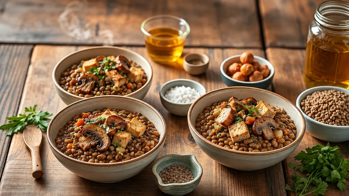 Meat-free lentil stew with mushrooms and tofu
