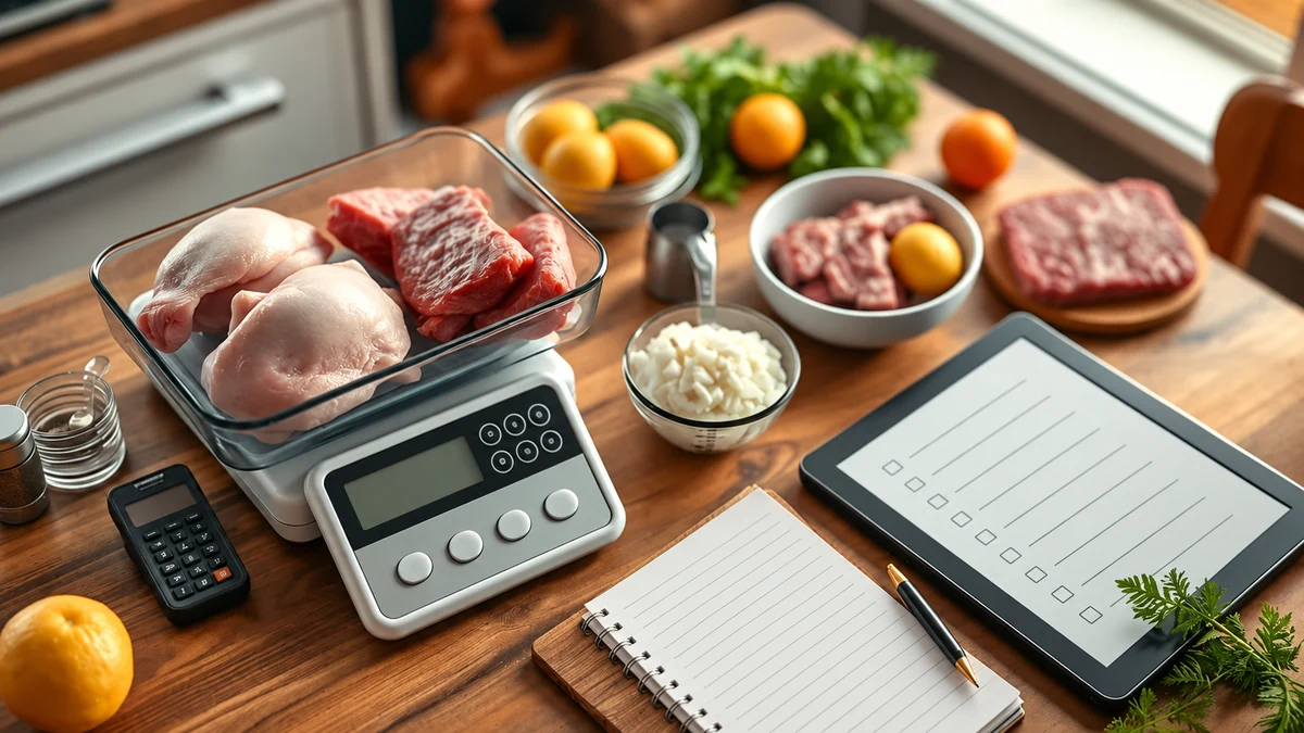 Meat portions on a kitchen scale beside a shopping notebook