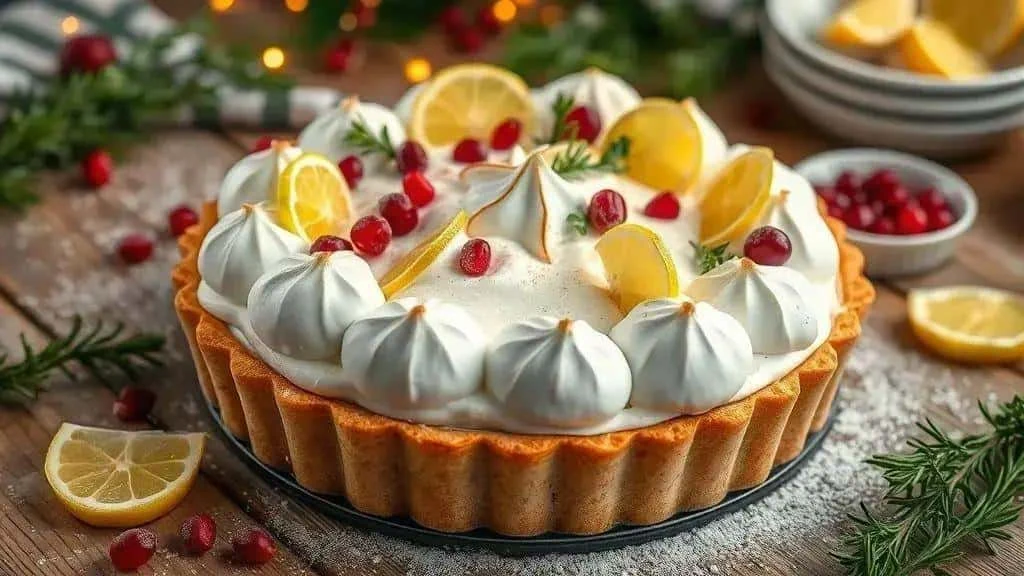 Meringue tart decorated with citrus and red berries