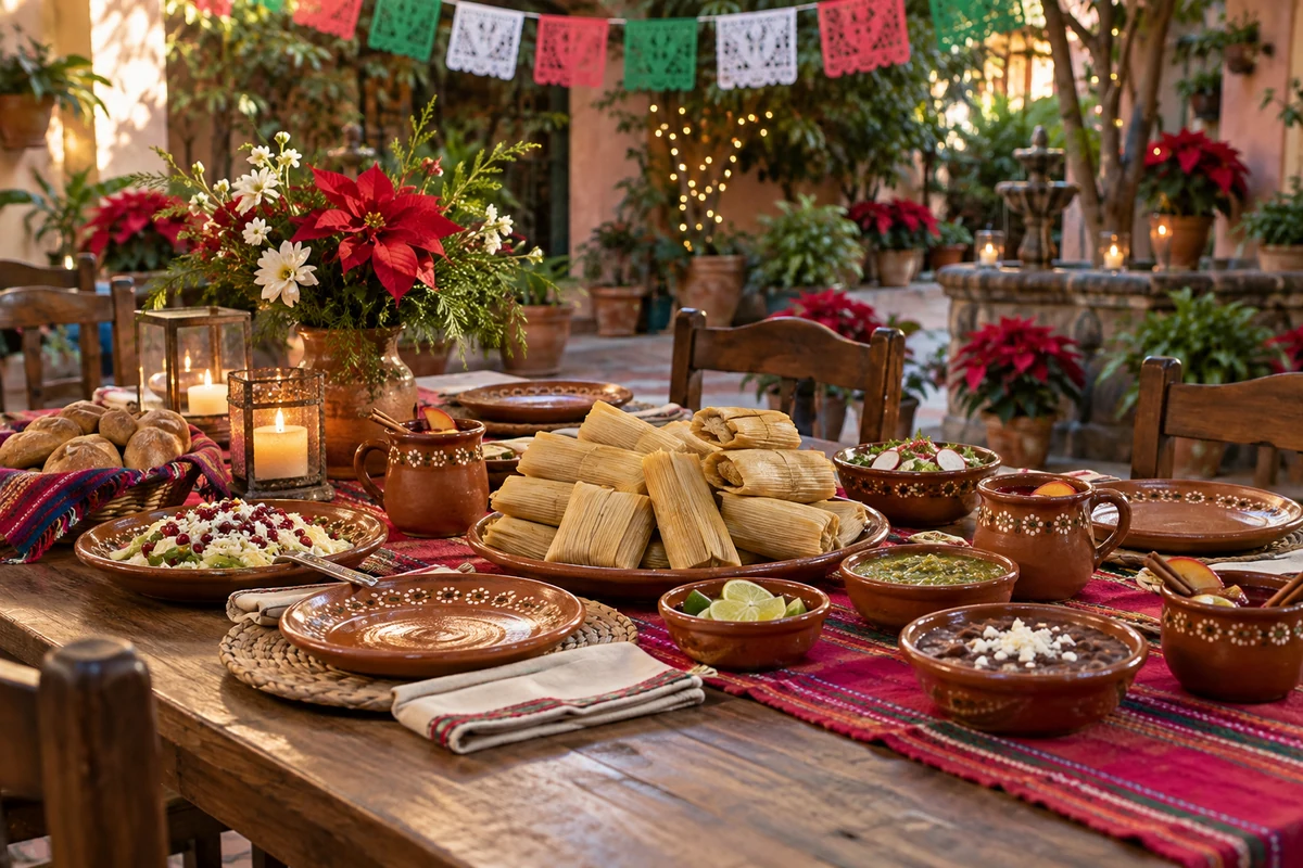 Mexican-inspired Christmas table set with tamales and fruit punch