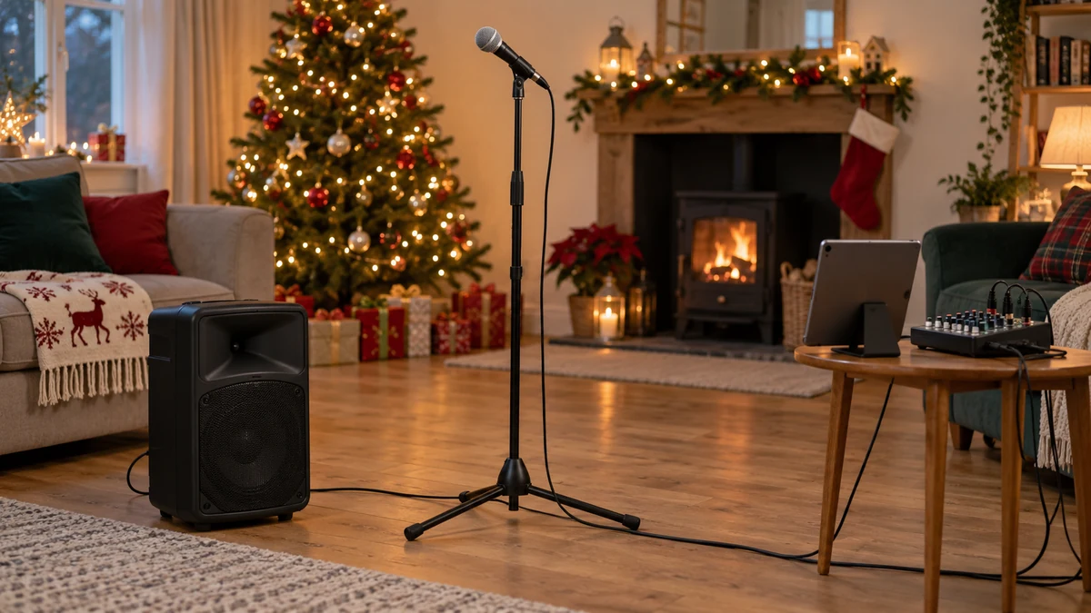 Microphone mixer and speaker prepared for Christmas karaoke