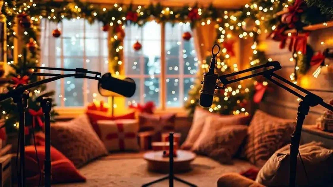 Microphones ready for a festive podcast conversation
