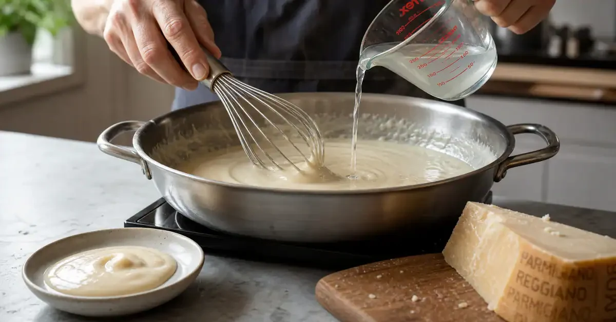 Milk being whisked into a creamy pasta sauce