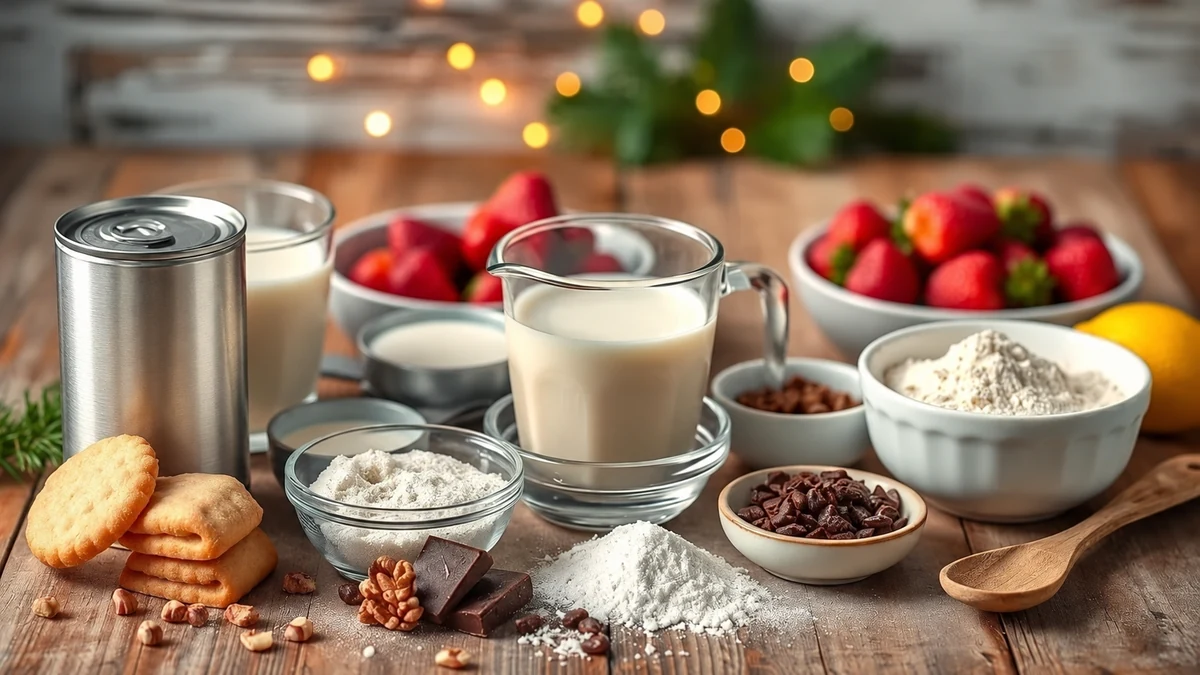 Milk, biscuits, nuts and berries for a layered dessert Milk, biscuits, nuts and berries for a layered dessert